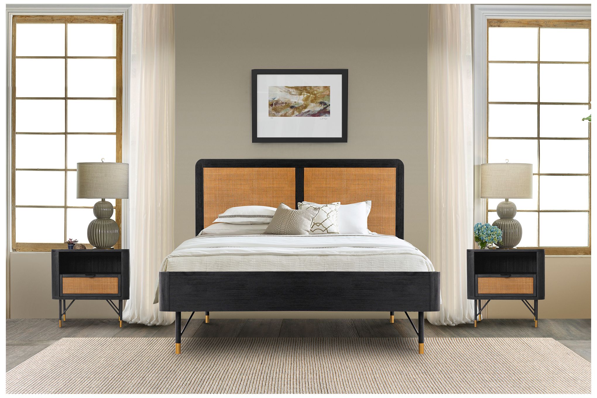 Saratoga 3 Piece Queen Bedroom Set in Black Acacia Wood, Rattan and Metal