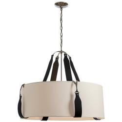 Saratoga 31.9"W Large Black Leather Accented Polished Nickel Pendant