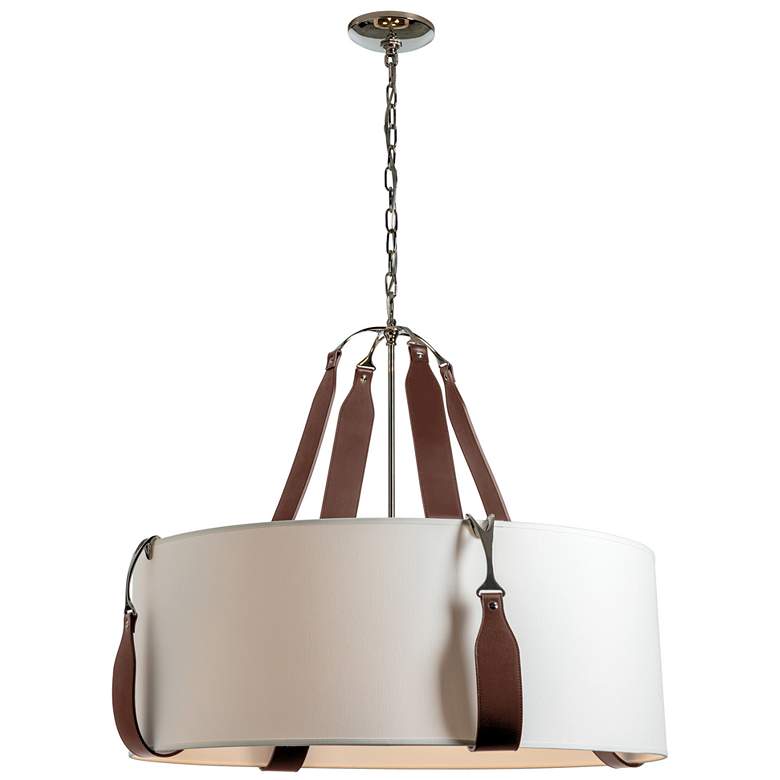 Image 1 Saratoga 31.9"W Large Brown Leather Accented Polished Nickel Pendant