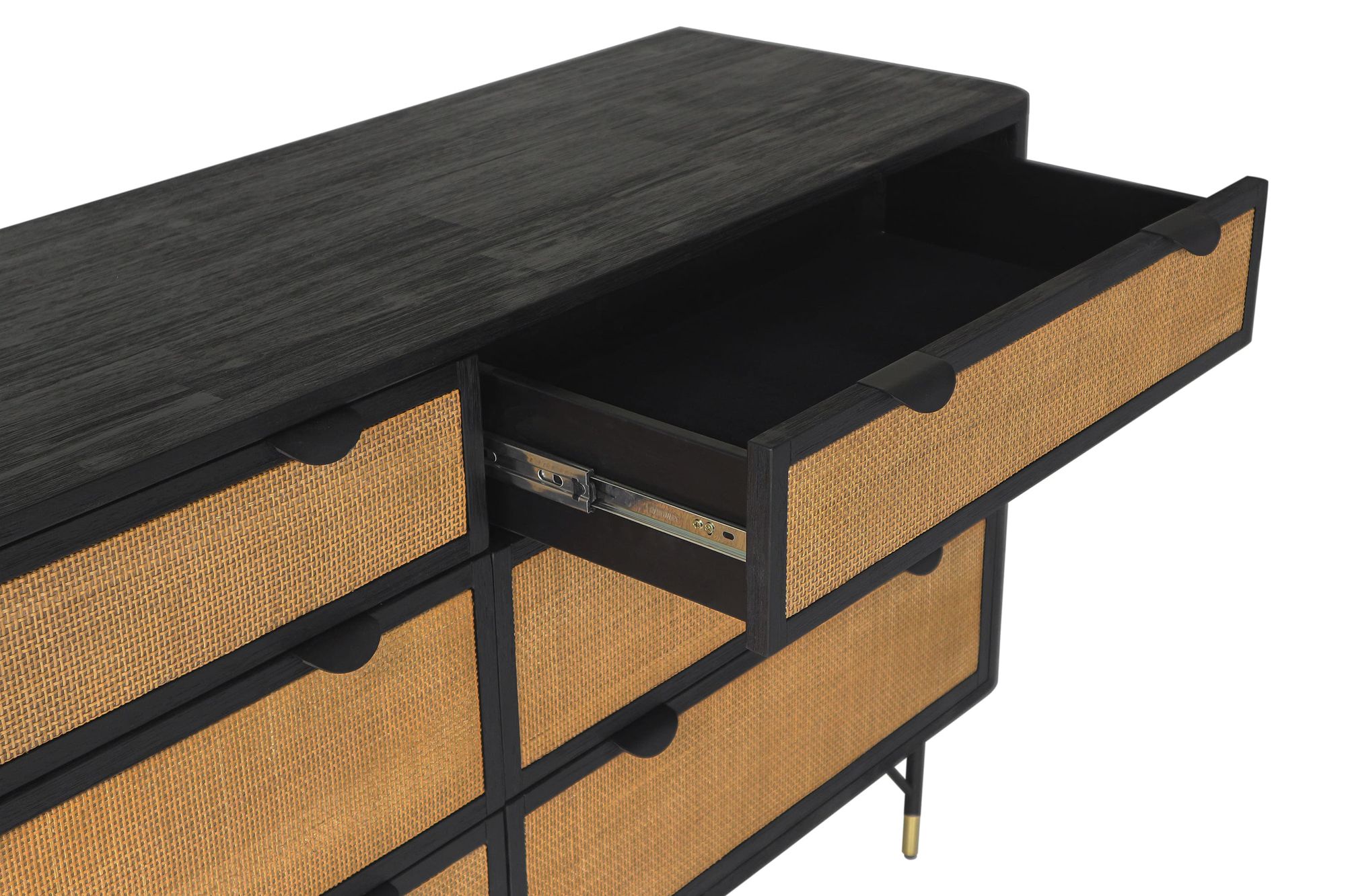 Saratoga Dresser with 6 Drawers in Black Acacia Wood and Rattan