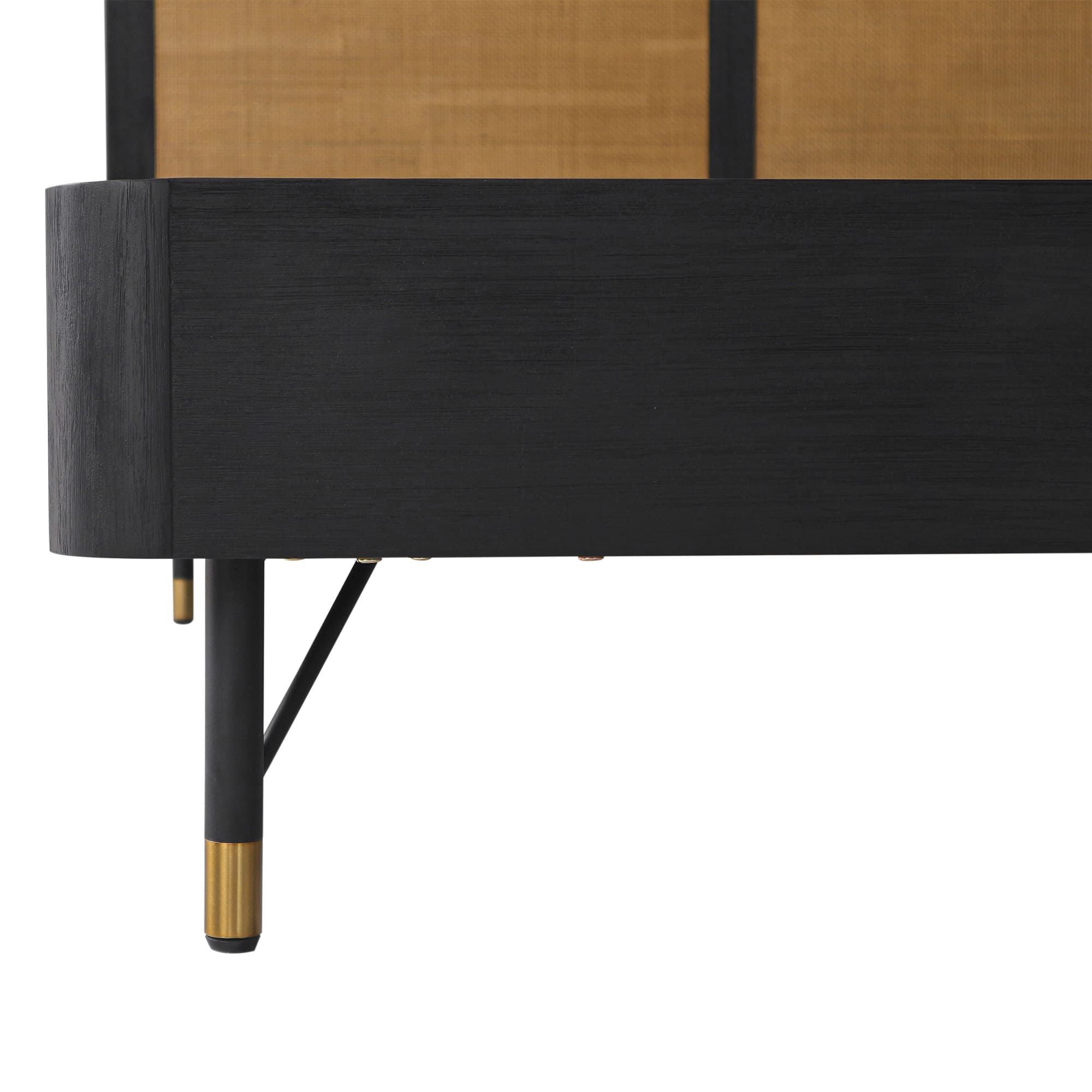 Saratoga King Platform Bed in Black Acacia Wood, Rattan and Metal