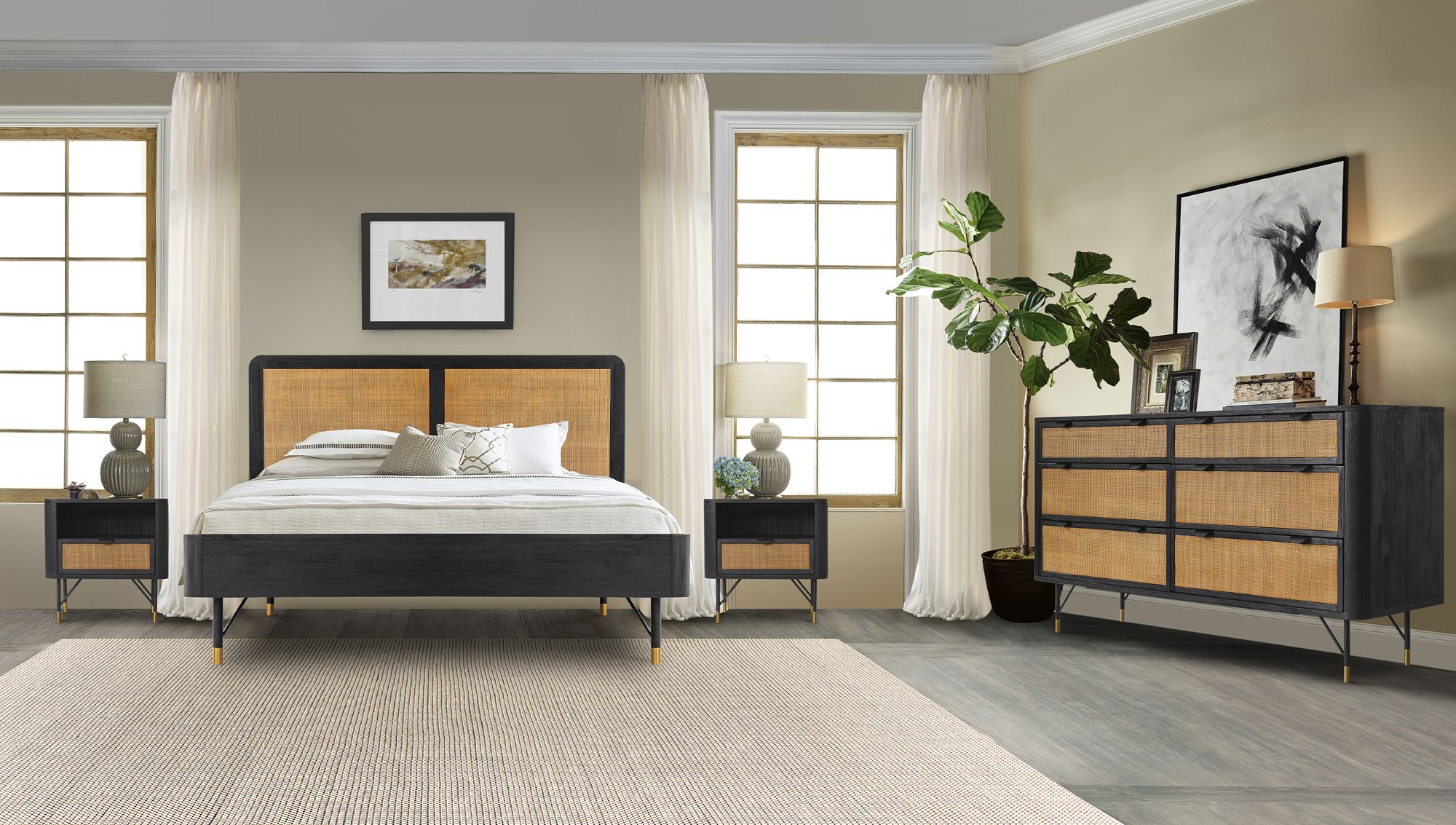 Saratoga King Platform Bed in Black Acacia Wood, Rattan and Metal