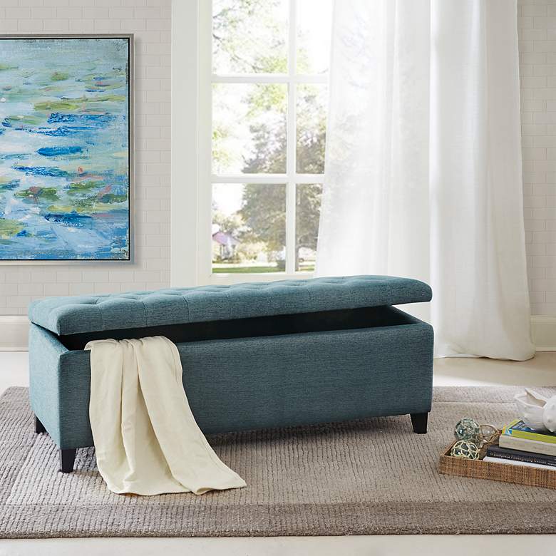 Image 5 Sasha 50 1/4" Wide Peacock Blue Fabric Tufted Storage Bench more views