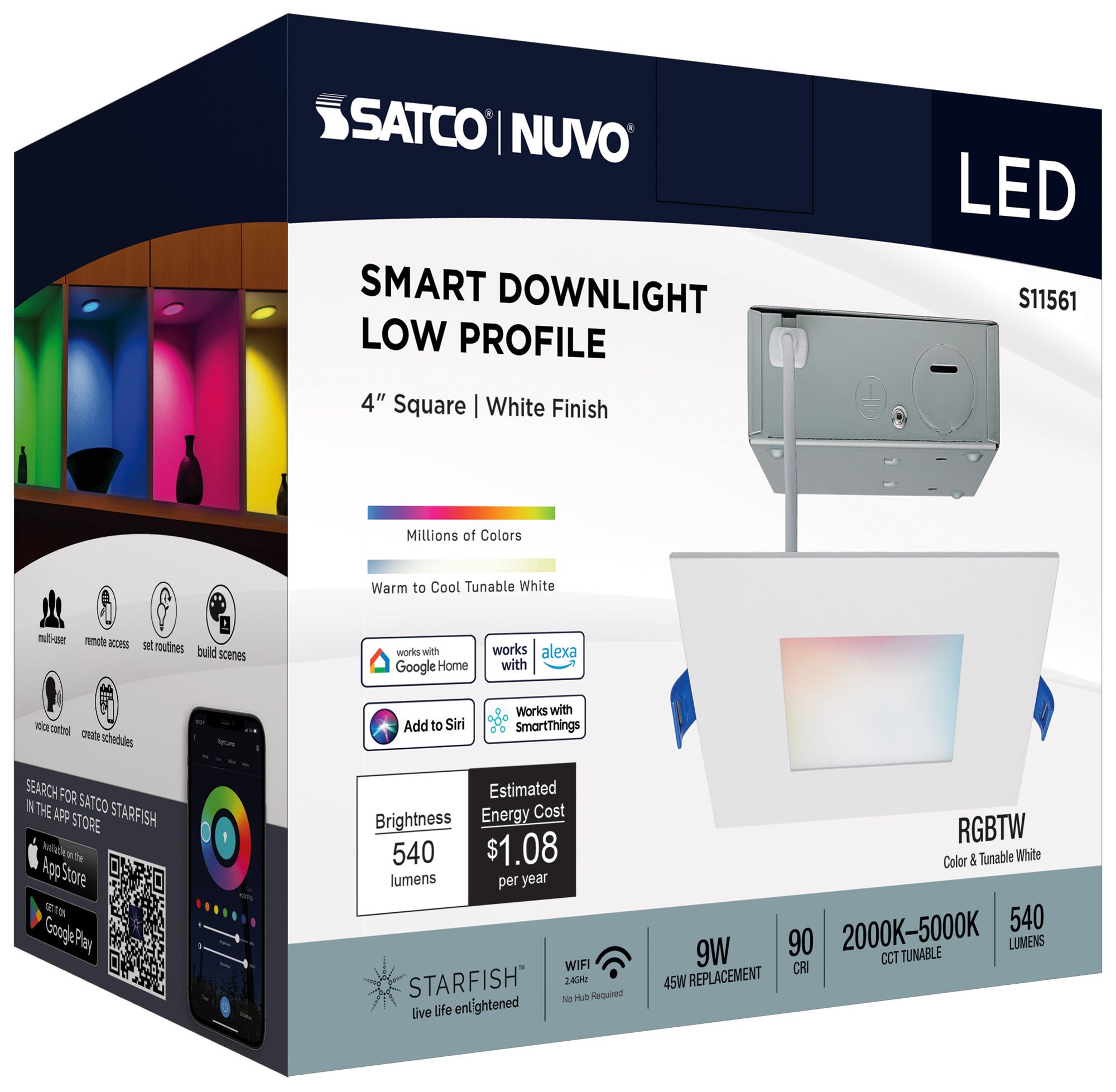 Satco 4" White Square LED Direct Wire Low Profile Downlight