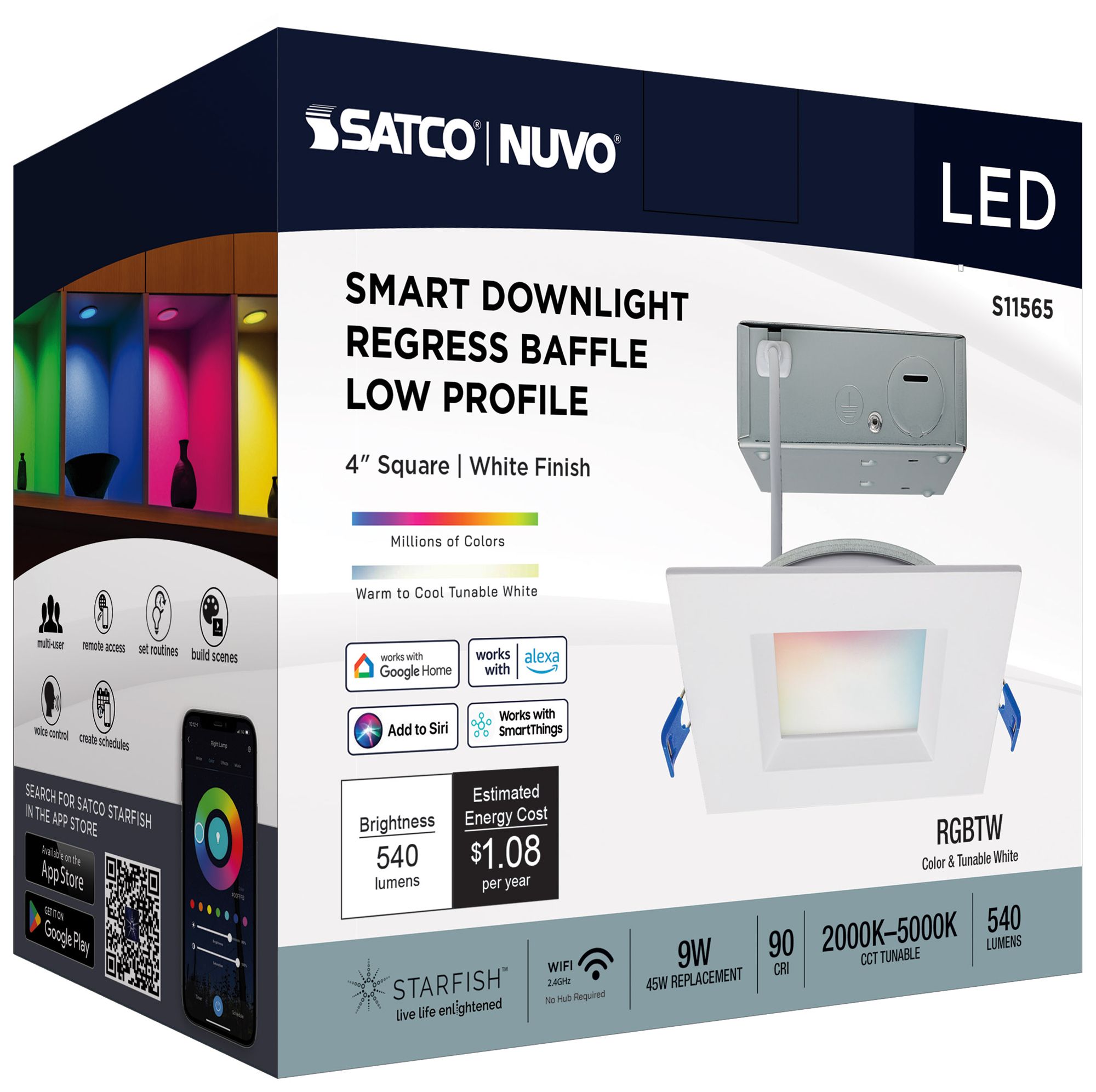 Satco 4" White Square LED Direct Wire Low Profile Regress Baffle Downl