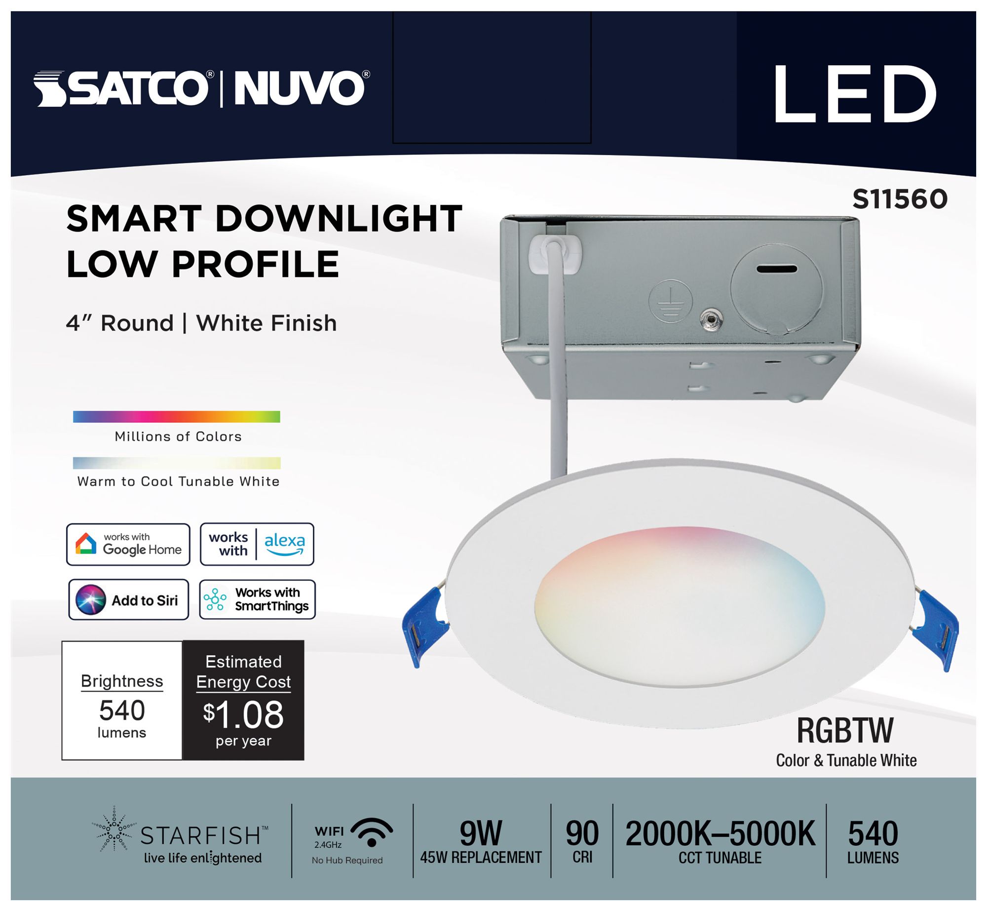 Satco 4" White Round LED Direct Wire Low Profile Downlight