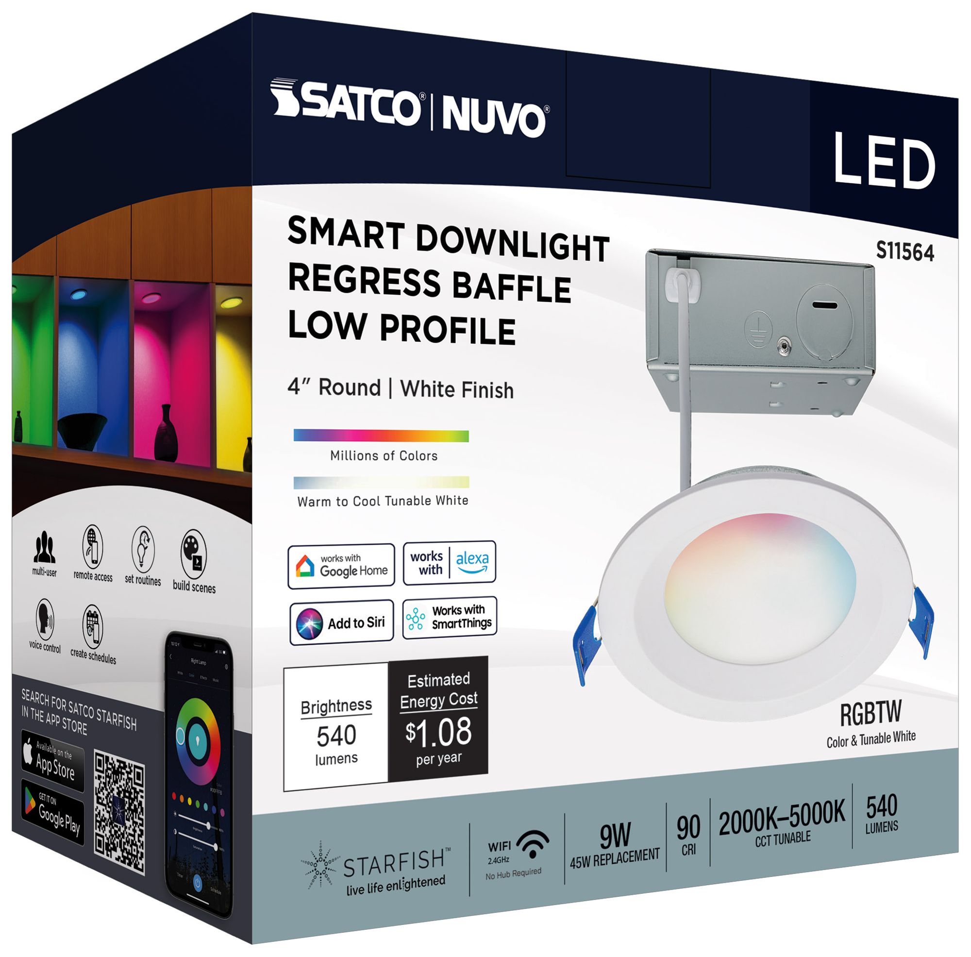 Satco 4" White Round LED Direct Wire Low Profile Regress Baffle Downlight