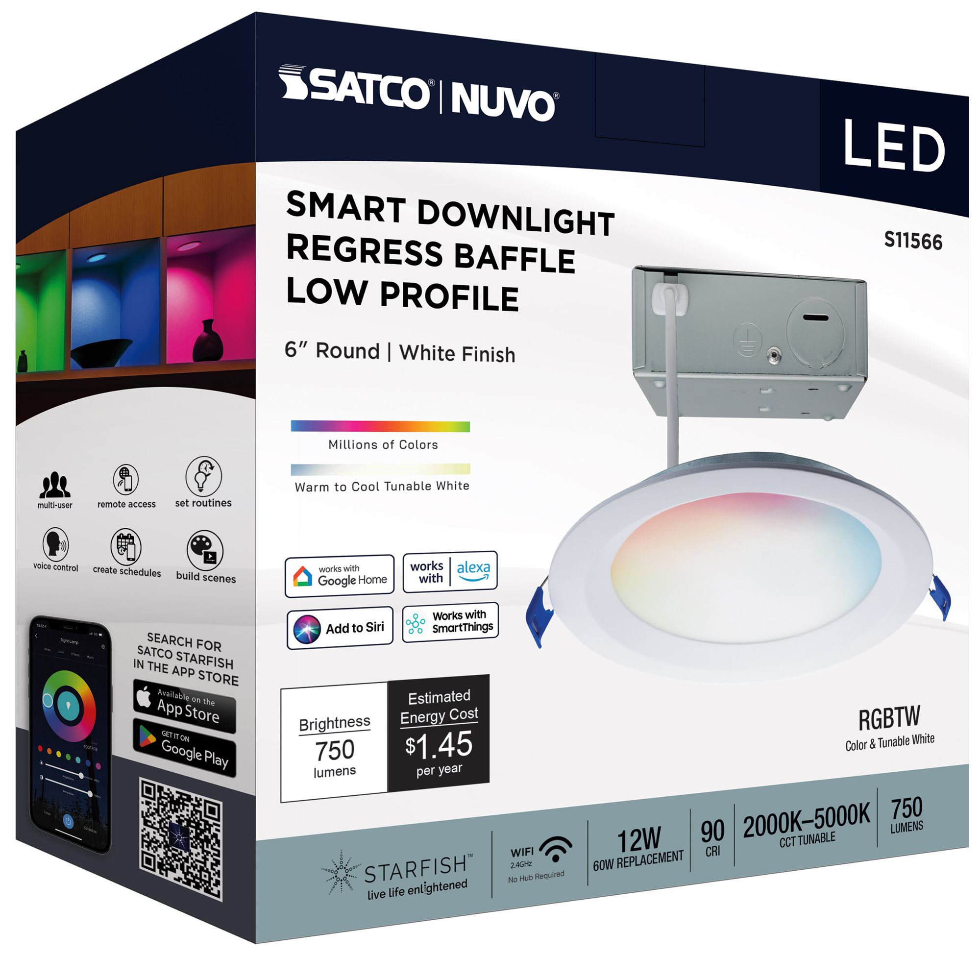 Satco 6" White Round LED Direct Wire Low Profile Regress Baffle Downli
