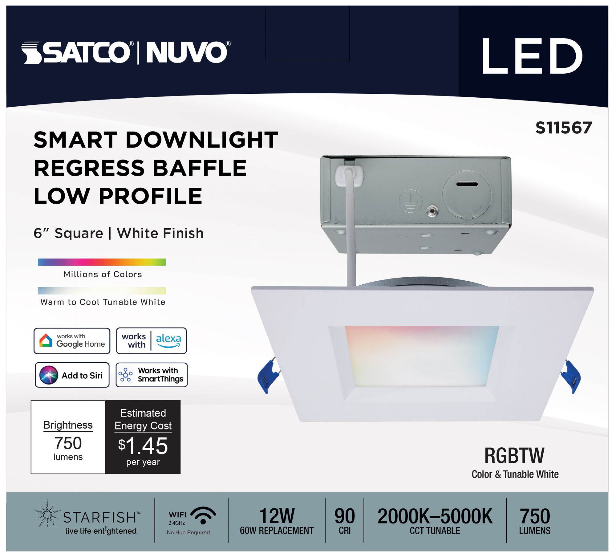 Image 6 Satco 6" White Square LED Direct Wire Low Profile Regress Baffle Downl more views