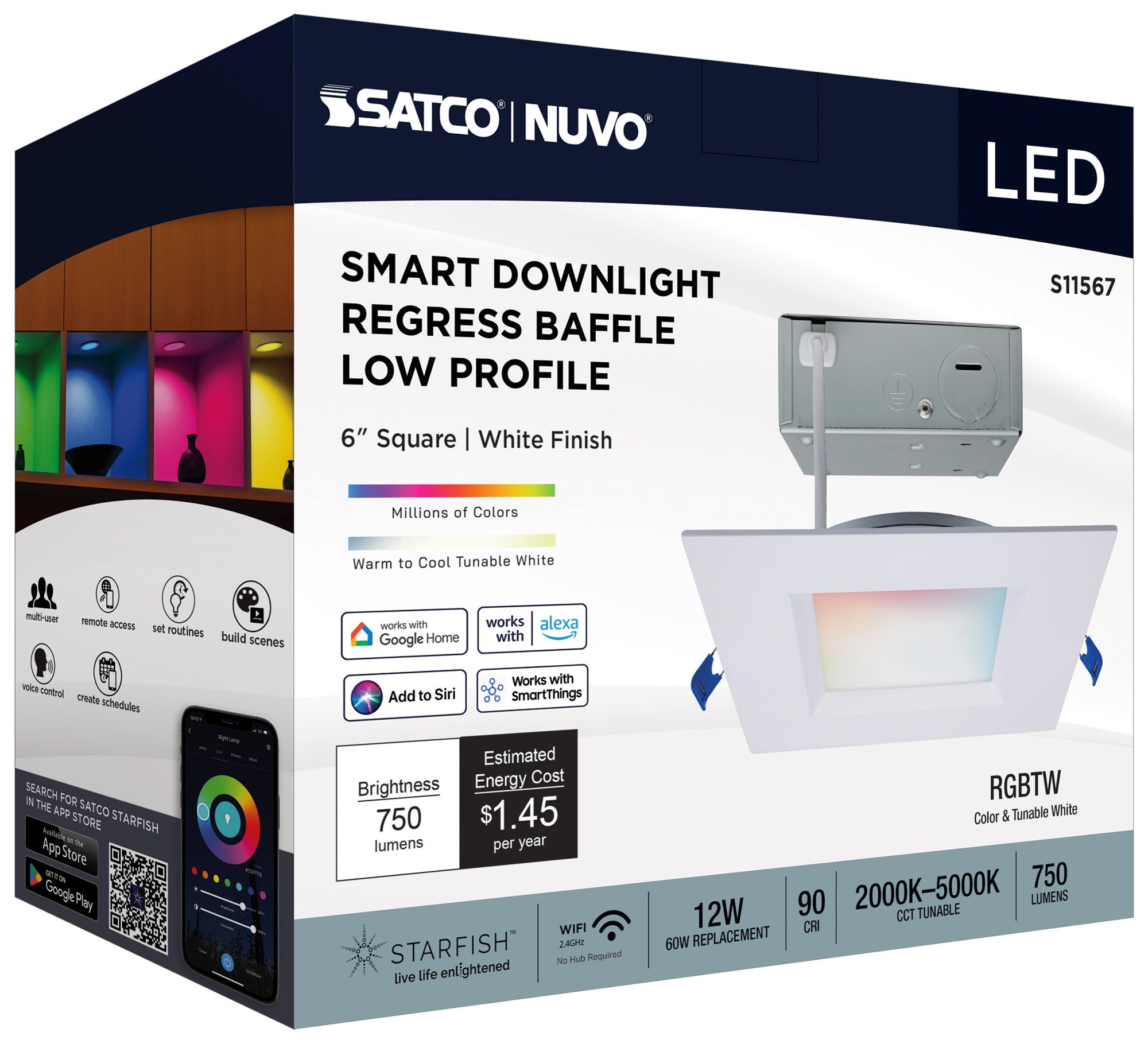 Satco 6" White Square LED Direct Wire Low Profile Regress Baffle Downl