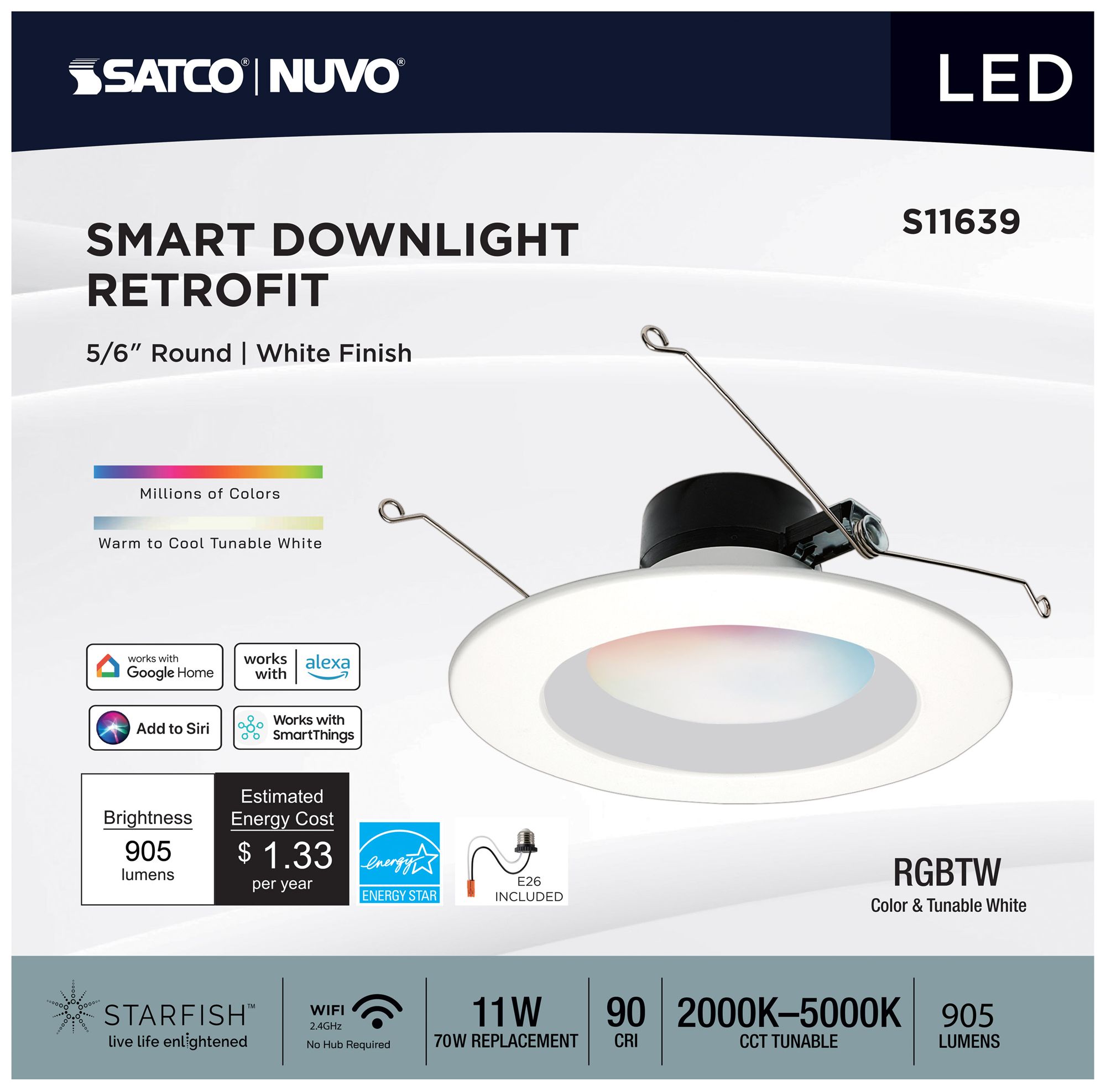 Image 7 Satco Starfish 5-6" White Round 11 Watt LED Retrofit Downlight -RGBTW more views