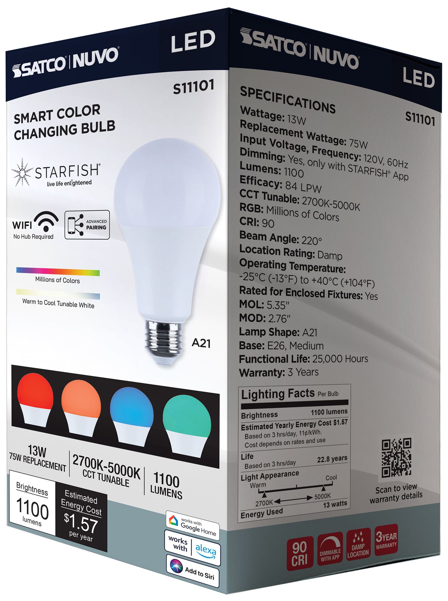 Satco Starfish A21 WiFi Smart LED, 13 Watt, E26 RGBTW Light Bulb