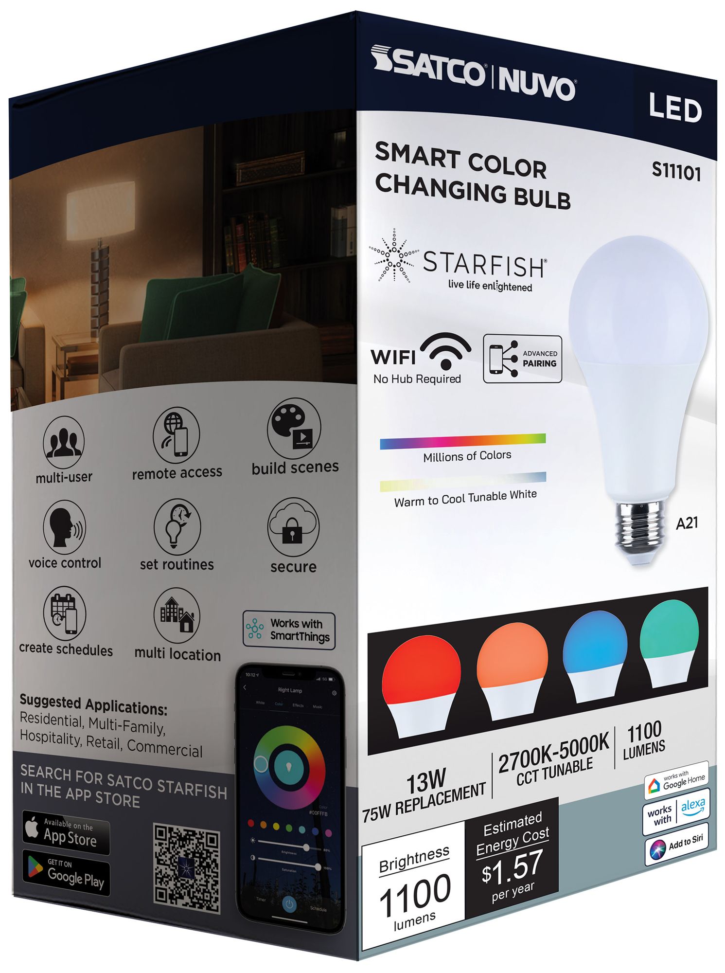 Satco Starfish A21 WiFi Smart LED, 13 Watt, E26 RGBTW Light Bulb