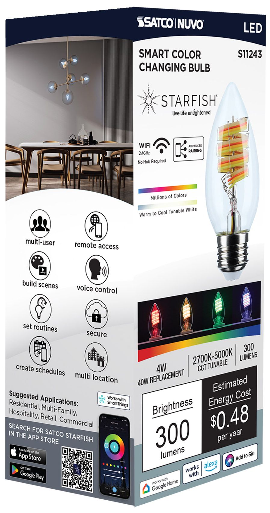 Satco Starfish B11 WiFi Smart LED, 4W, RGB &amp; Tunable White, Medium Base
