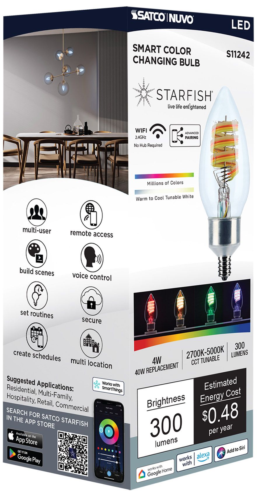 Satco Starfish B11 WiFi Smart LED, 4W, RGB & Tunable White, Candelabra Base