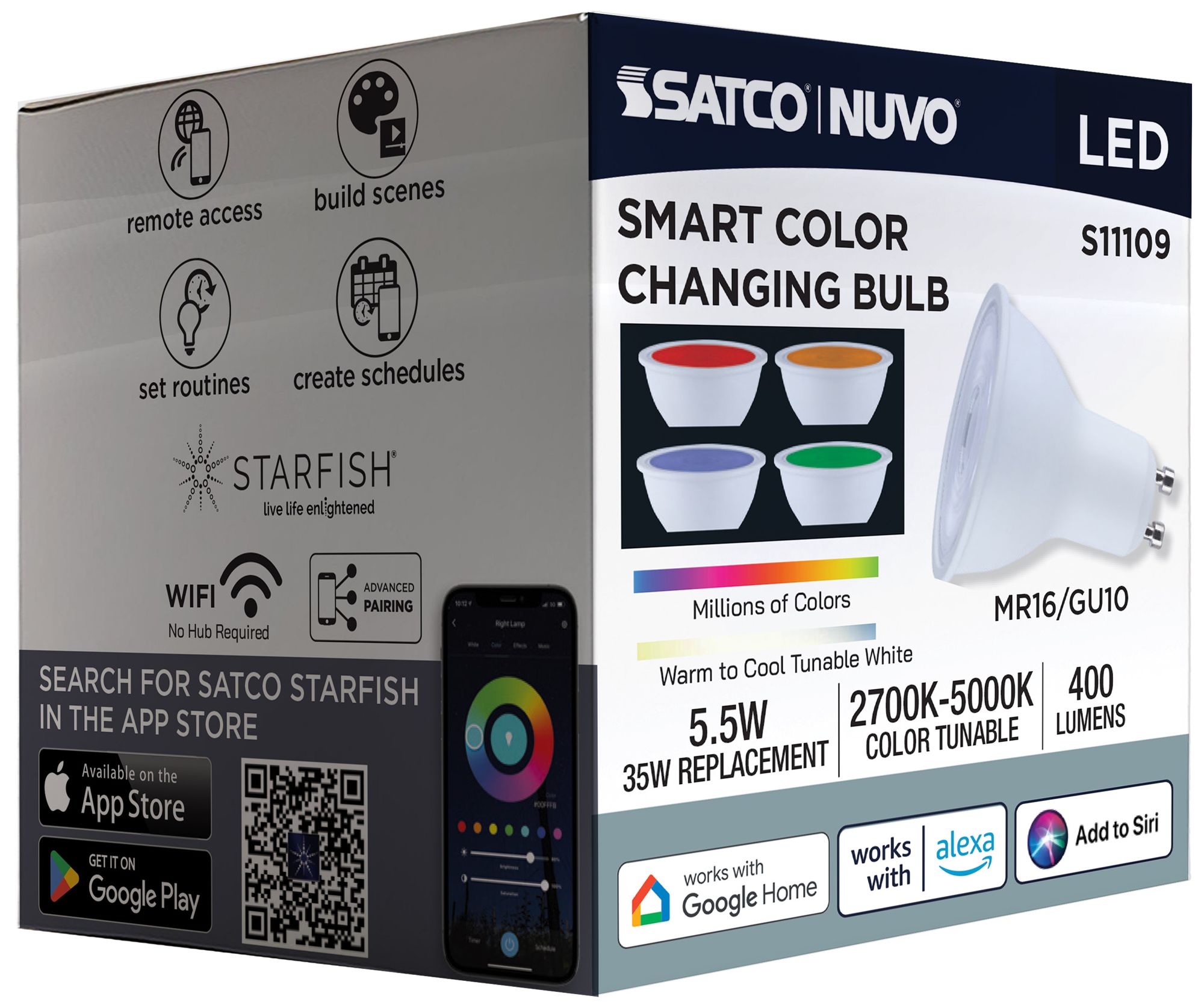 Satco Starfish MR16 WiFi Smart LED, 5.5 Watt, GU10 Base, RGBTW Light Bulb