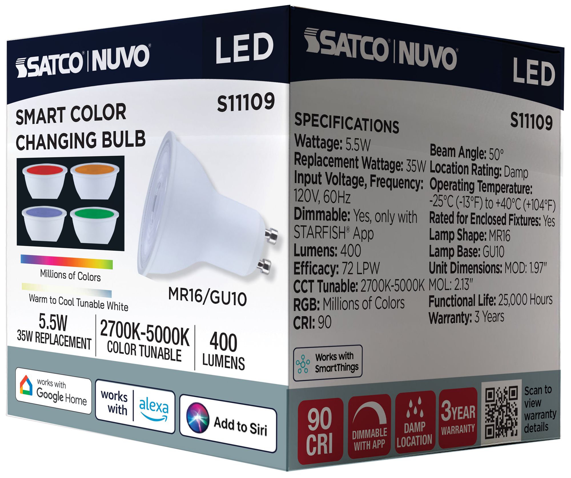 Satco Starfish MR16 WiFi Smart LED, 5.5 Watt, GU10 Base, RGBTW Light Bulb