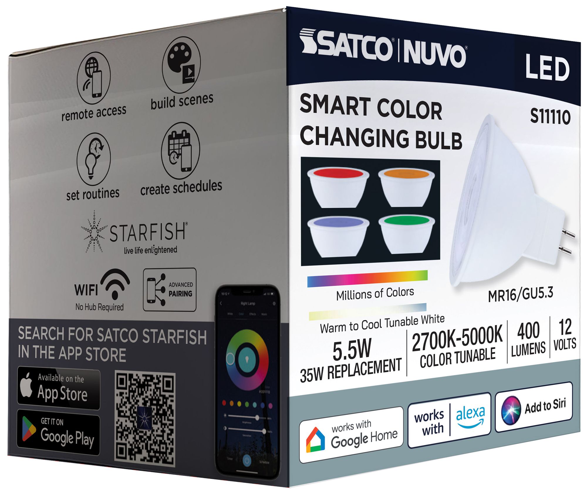 Satco Starfish MR16 WiFi Smart LED, 5.5 Watt, GU5.3 Base, RGBTW Light Bulb