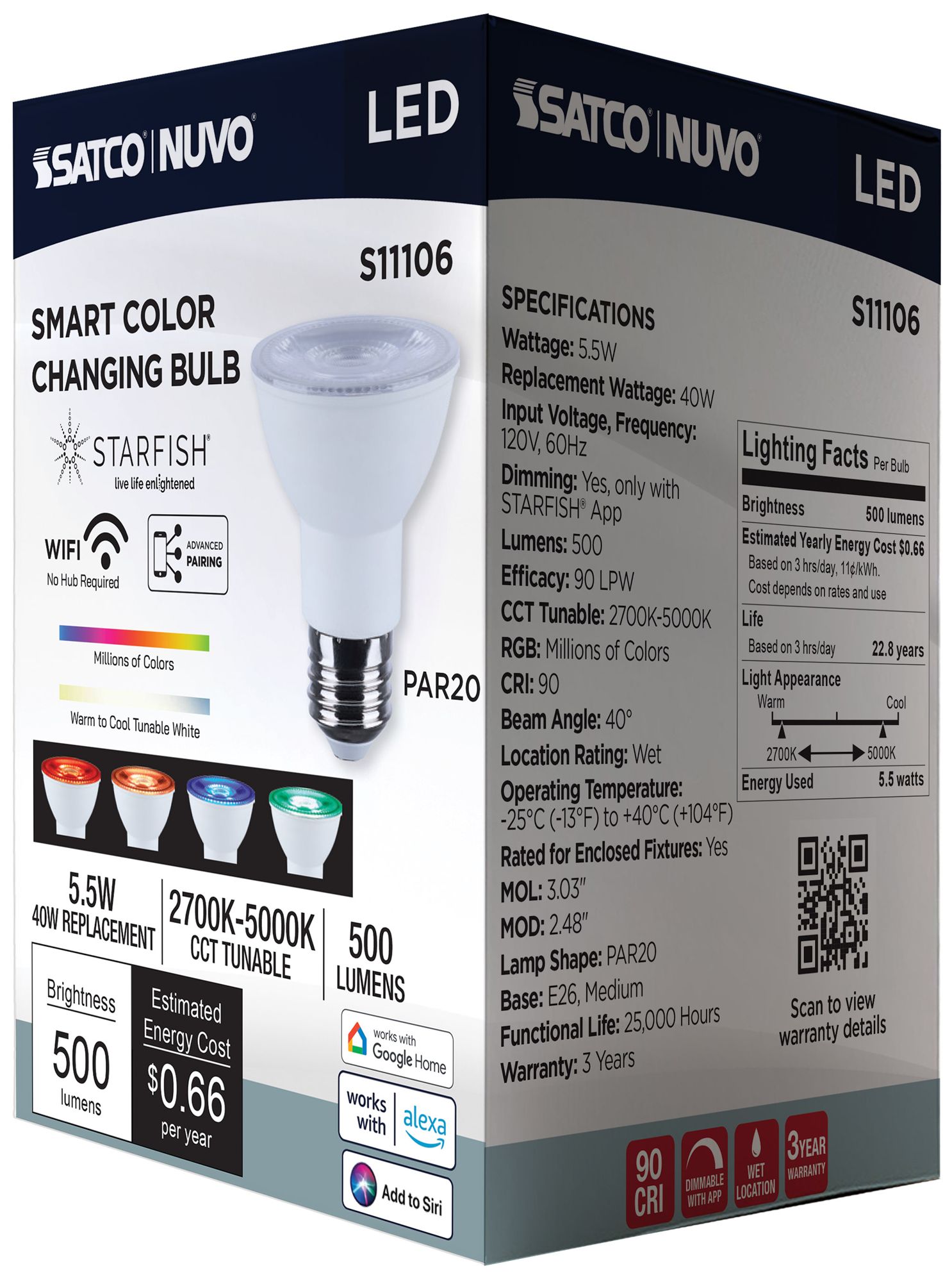 Satco Starfish PAR20 WiFi Smart LED, 5.5 Watt, E26 RGBTW Light Bulb