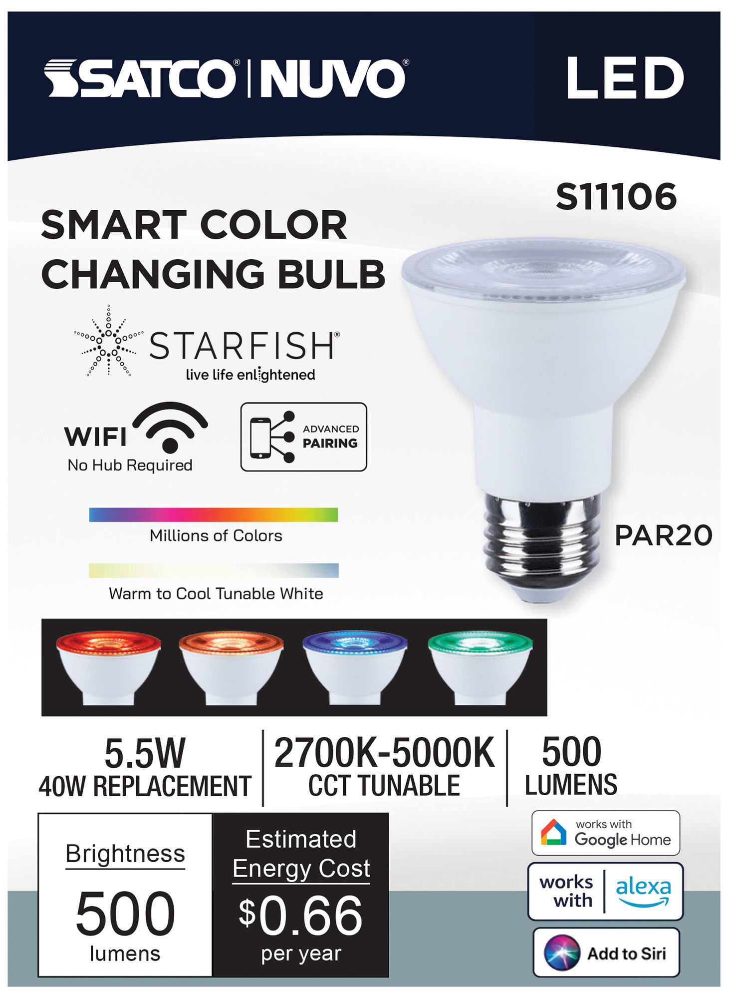 Satco Starfish PAR20 WiFi Smart LED, 5.5 Watt, E26 RGBTW Light Bulb