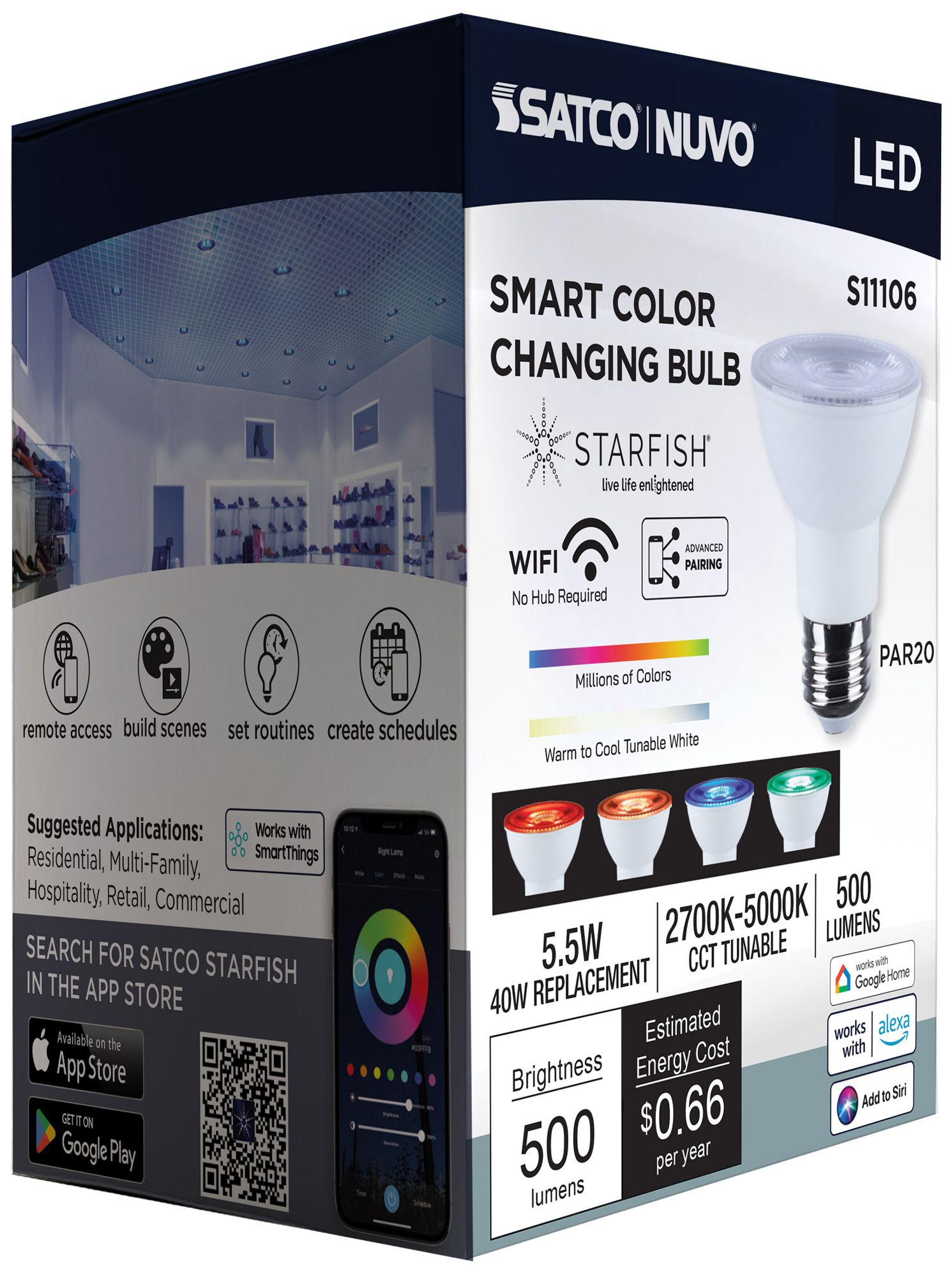 Satco Starfish PAR20 WiFi Smart LED, 5.5 Watt, E26 RGBTW Light Bulb