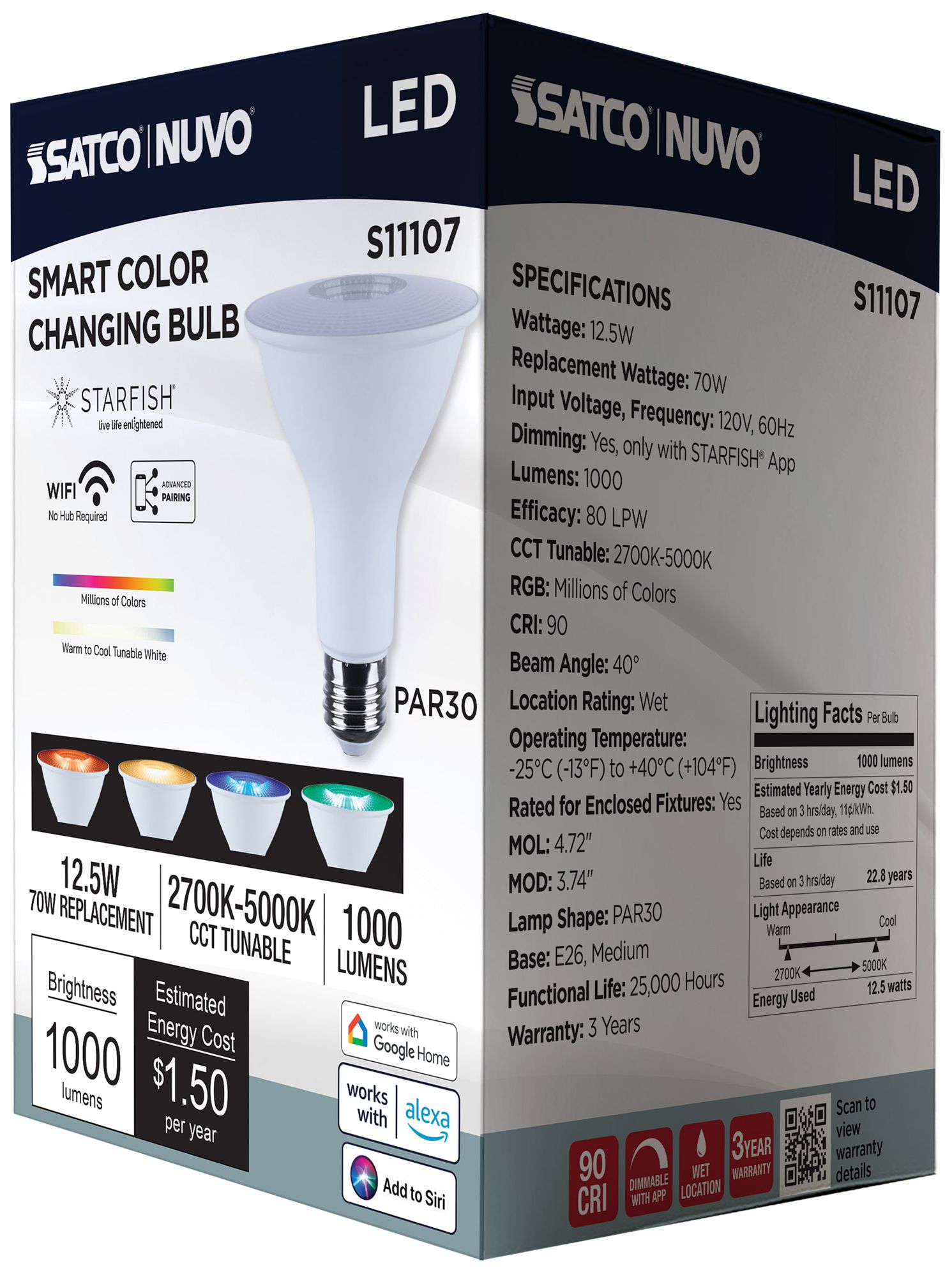 Satco Starfish PAR30 WiFi Smart LED, 12.5 Watt, E26 RGBTW Light Bulb