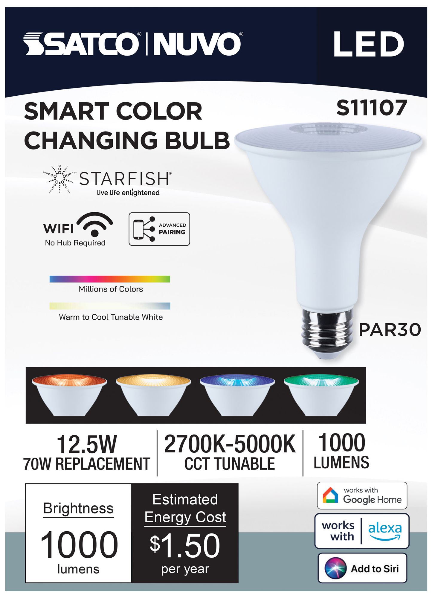 Satco Starfish PAR30 WiFi Smart LED, 12.5 Watt, E26 RGBTW Light Bulb
