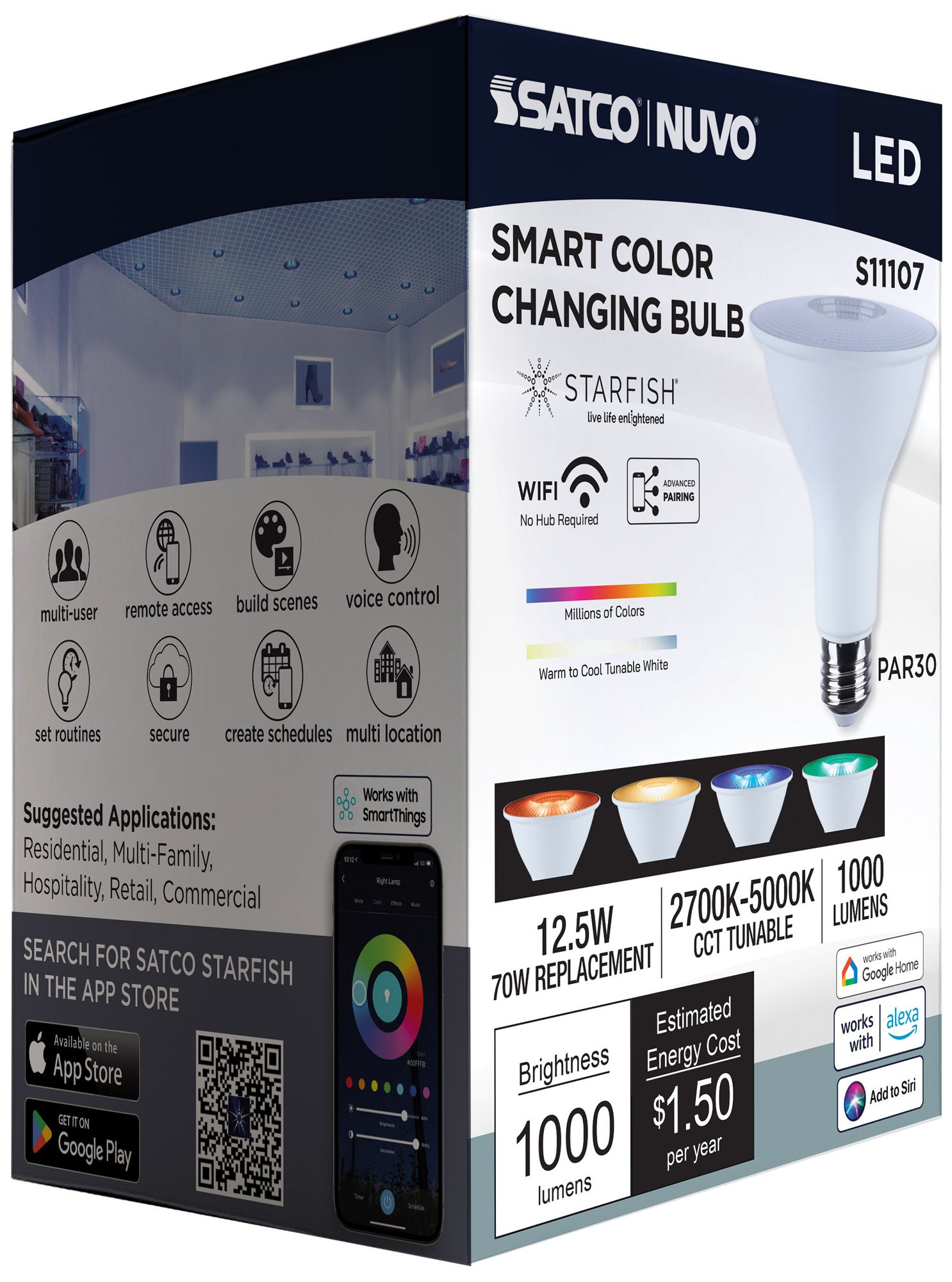 Satco Starfish PAR30 WiFi Smart LED, 12.5 Watt, E26 RGBTW Light Bulb