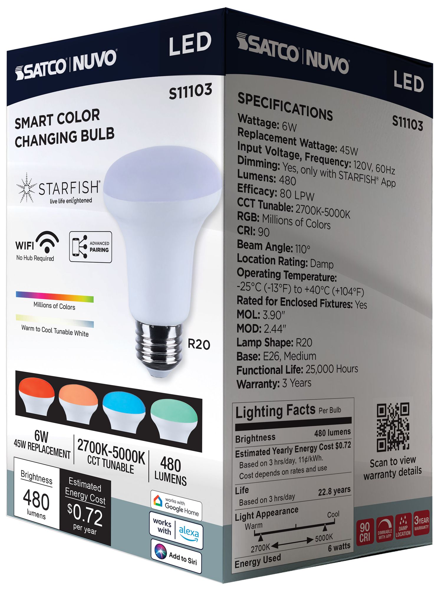 Satco Starfish R20 WiFi Smart LED, 6 Watt, E26 RGBTW Light Bulb