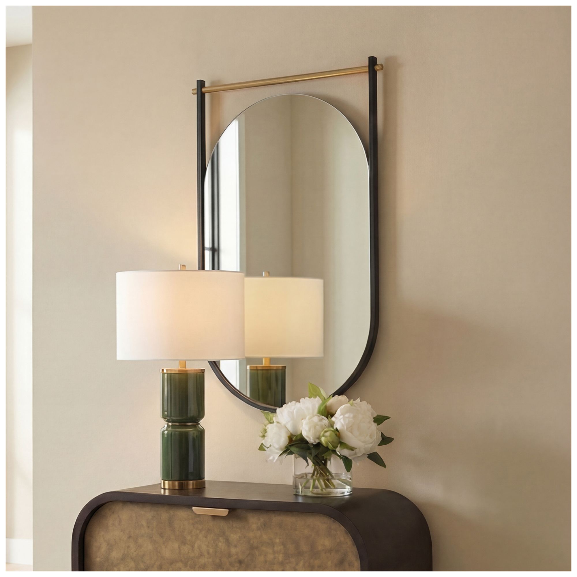 Image 3 Satin Black Oval with Gold Bar 21 3/8" x 33 3/4" Wall Mirror more views