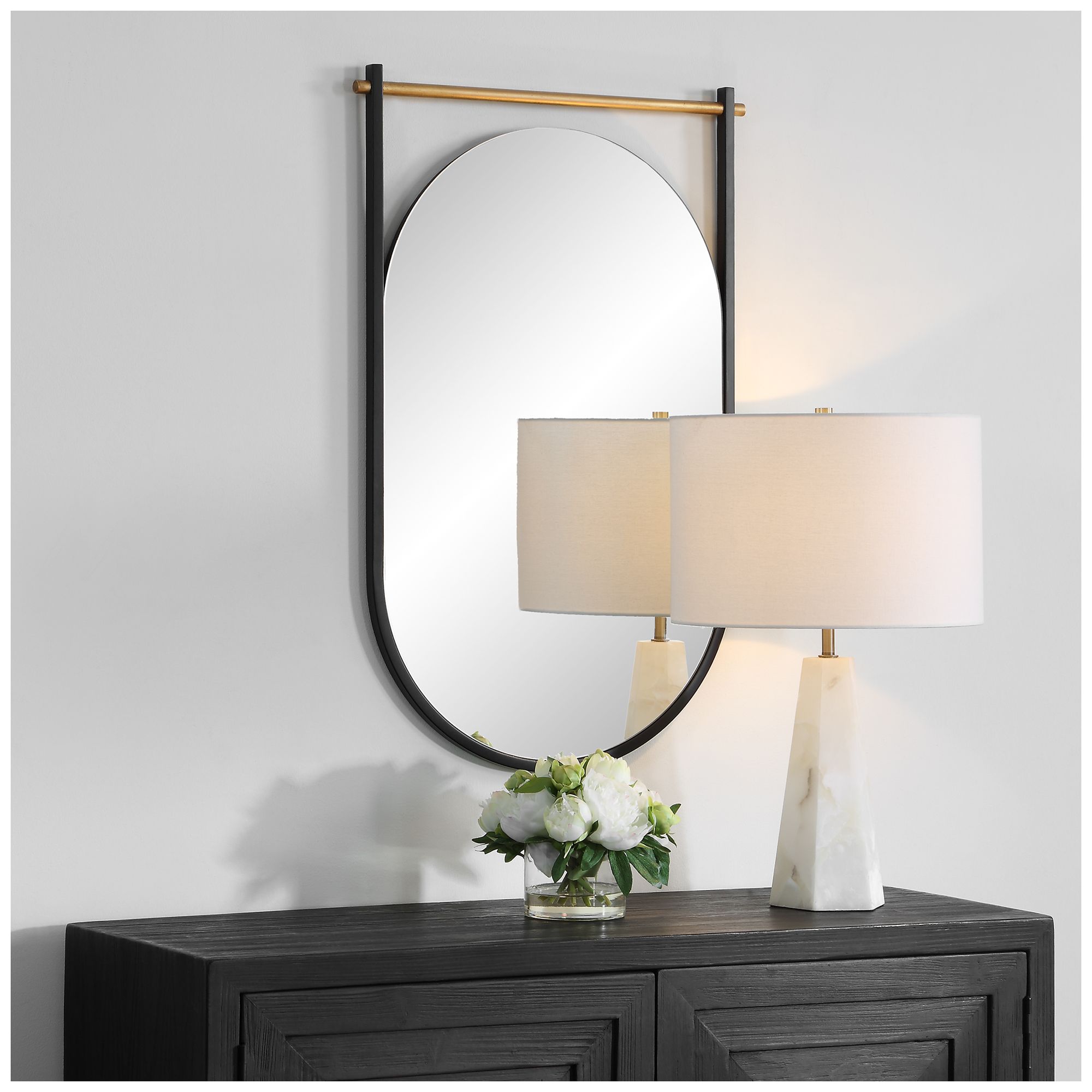 Image 4 Satin Black Oval with Gold Bar 21 3/8" x 33 3/4" Wall Mirror more views