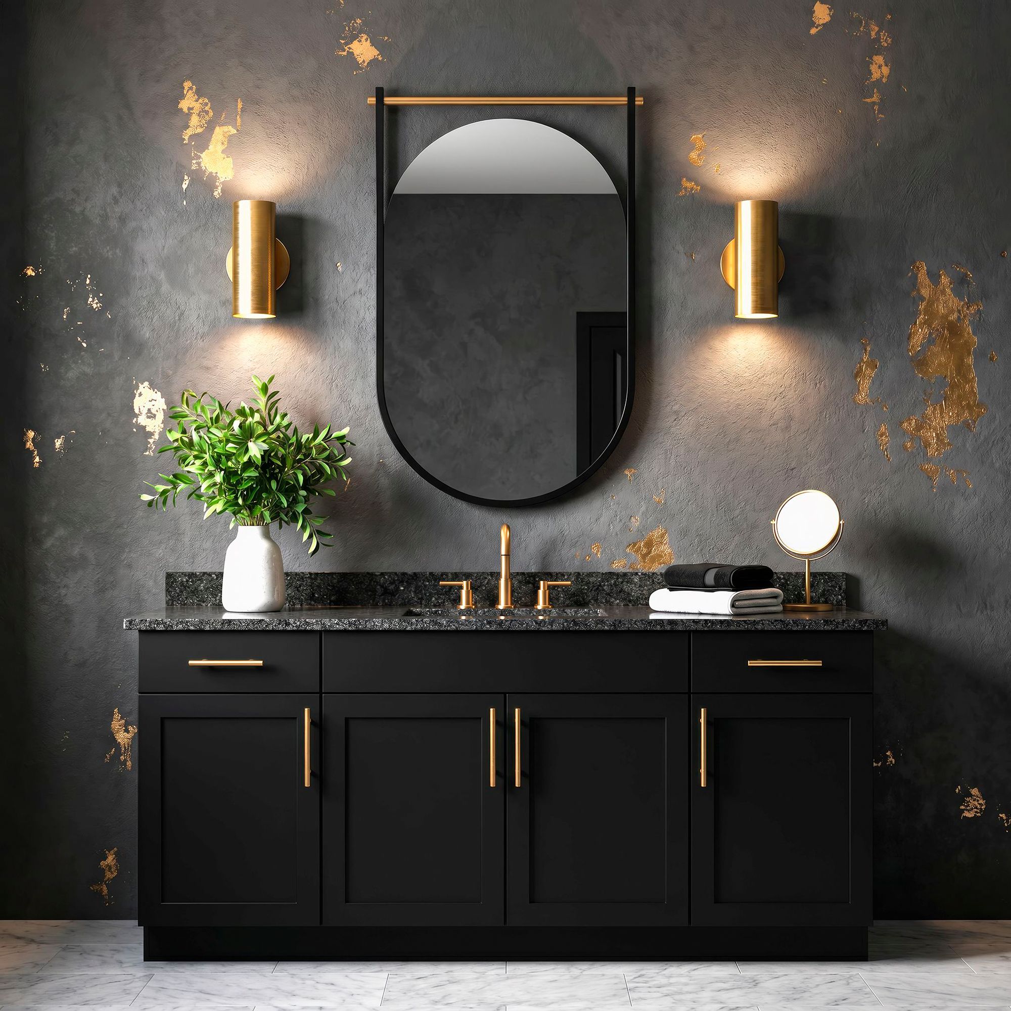 Satin Black Oval with Gold Bar 21 3/8" x 33 3/4" Wall Mirror