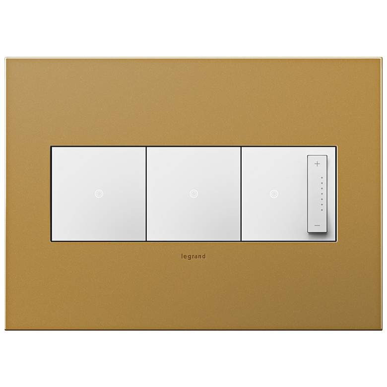 Image 1 Satin Bronze 3-Gang Metal Wall Plate with 2 Switches and Dimmer