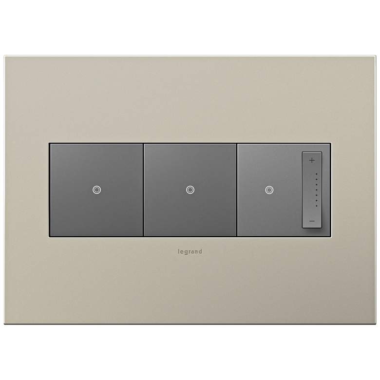 Image 1 Satin Nickel 3-Gang Metal Wall Plate w/ 2 Switches and Dimmer