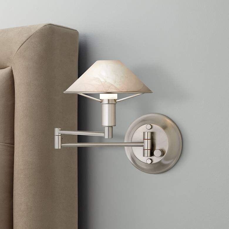 Image 1 Satin Nickel Alabaster White Glass Swing Arm Wall Lamp