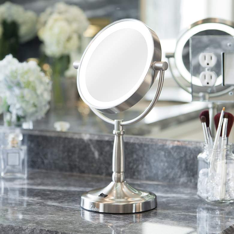 Image 1 Satin Nickel Cordless 7 inch Wide LED Lighted Vanity Mirror
