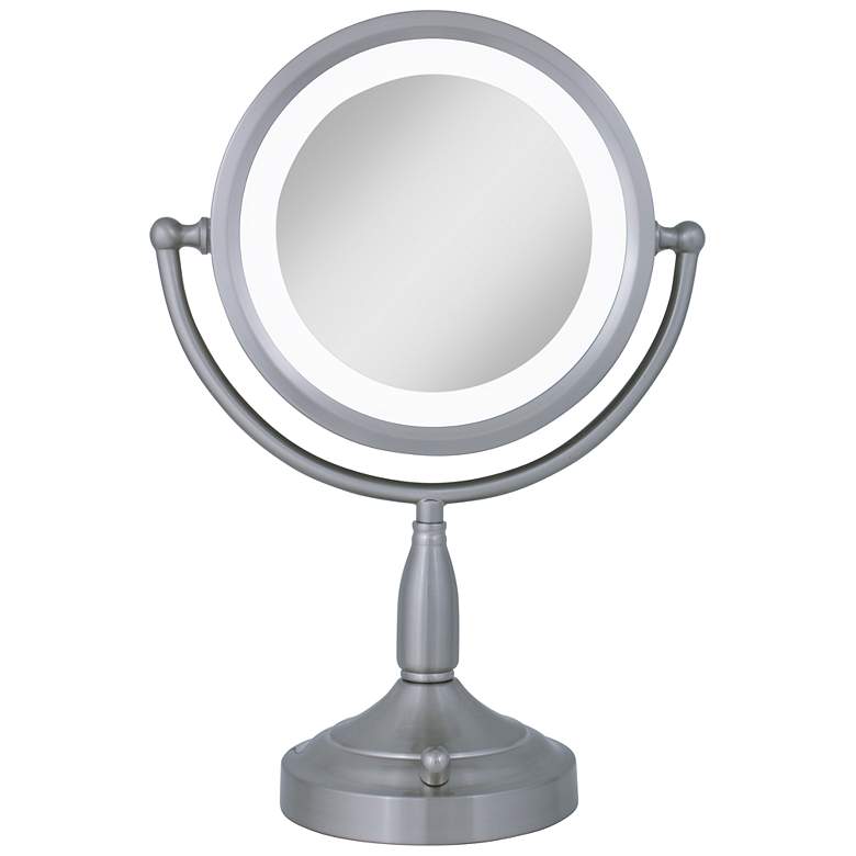 Image 1 Satin Nickel Dual-Sided Magnified Lighted Makeup Mirror
