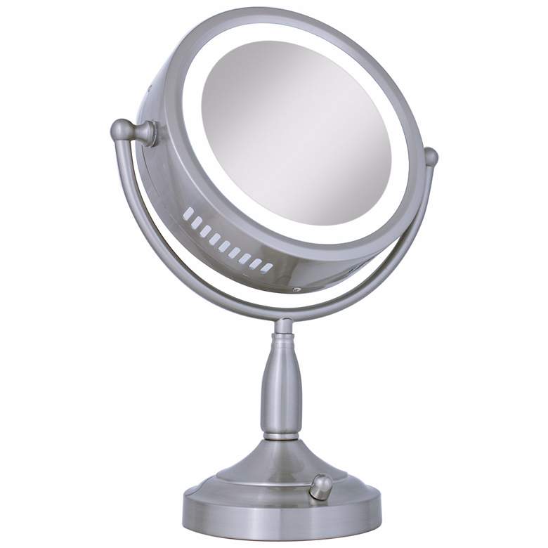 Image 2 Satin Nickel Dual-Sided Magnified Lighted Makeup Mirror more views
