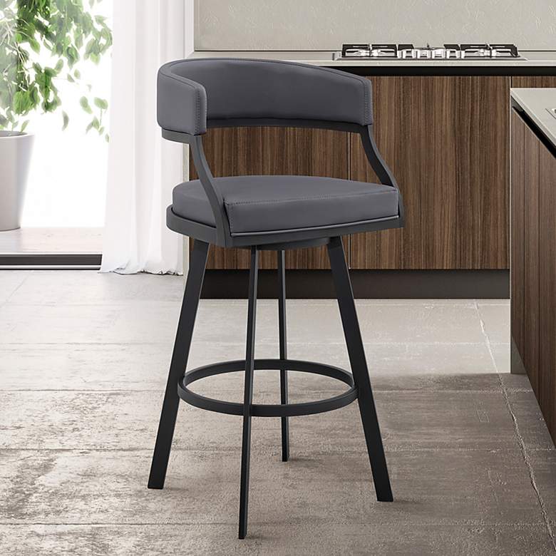 Image 1 Saturn 26 in. Swivel Barstool in Black Finish with Grey Faux Leather