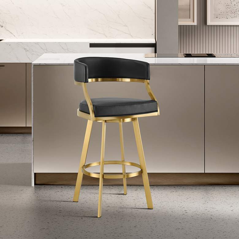 Image 1 Saturn 26" Black Faux Leather and Gold Swivel Counter Stool