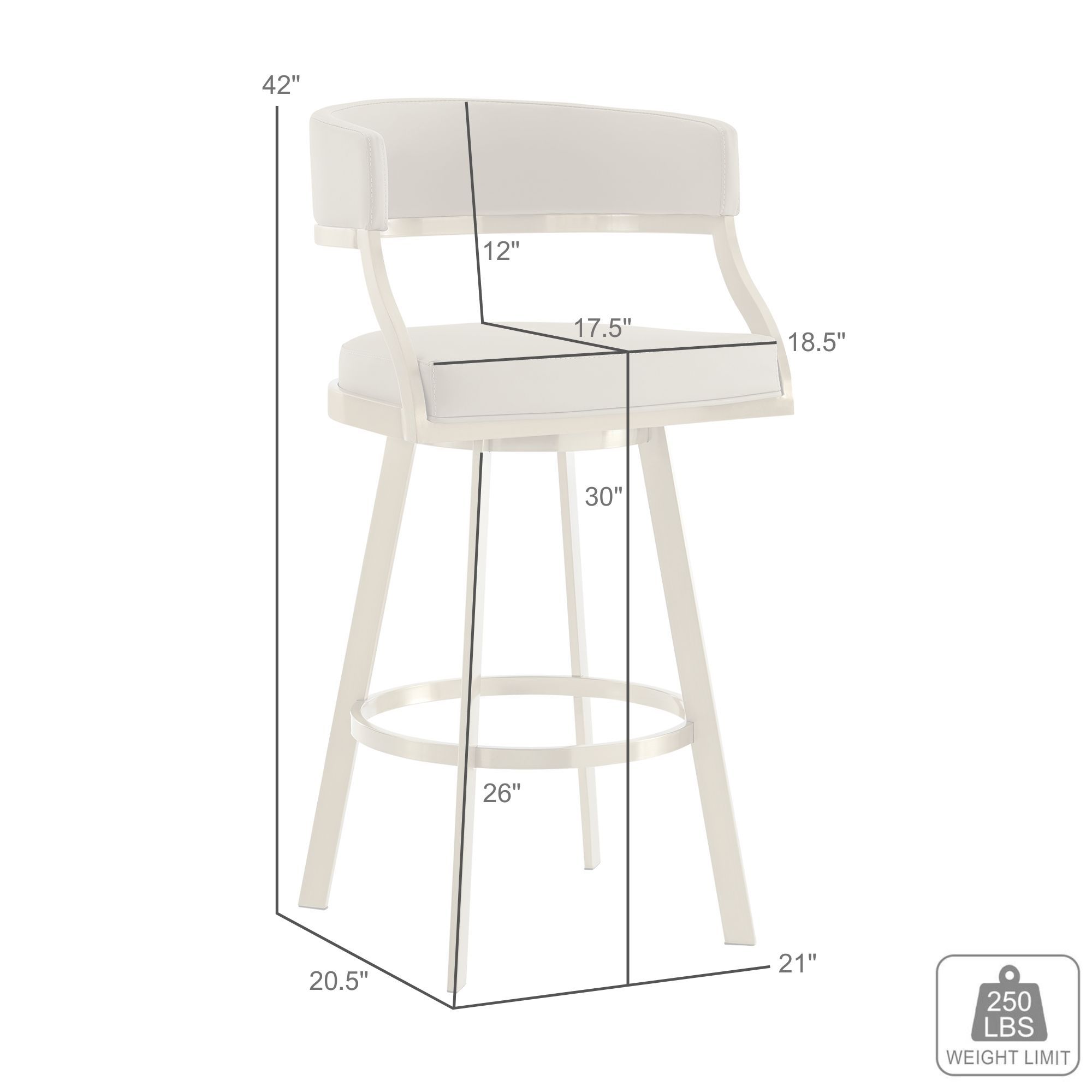 Saturn 30 in. Swivel Bar Stool in Stainless Steel, and White Faux Leather