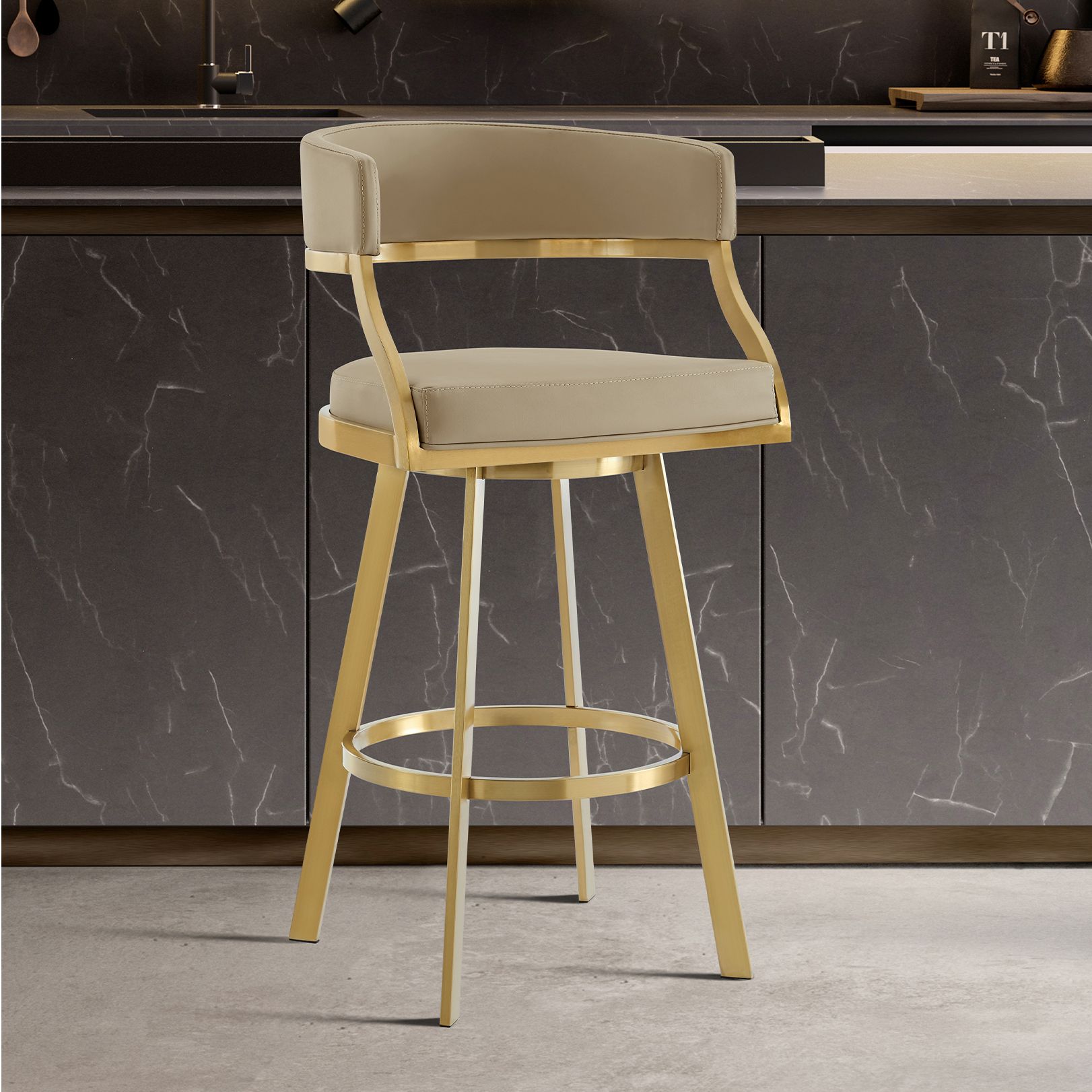 Thumbnail1 of Saturn 30 in. Swivel Bar Stool in Stainless Steel, Light Sand Faux Leather