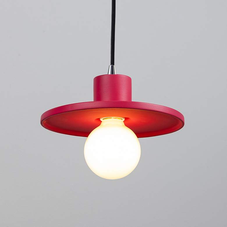 Image 2 Saucer Pendant - Cerise - Polished Chrome - Black Cord more views