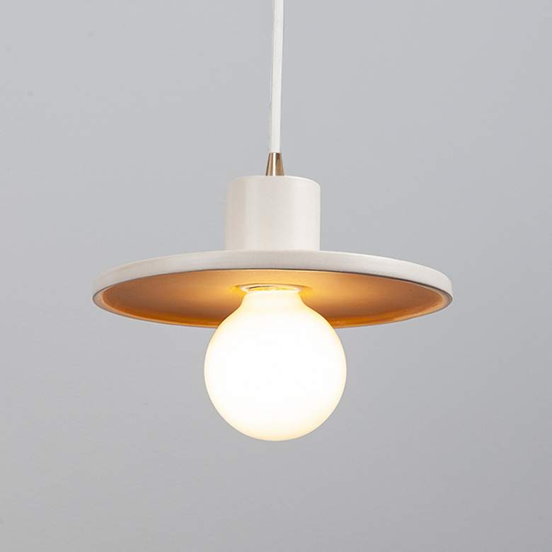 Image 2 Saucer Pendant - Matte White with Gold - Antique Brass - White Cord more views