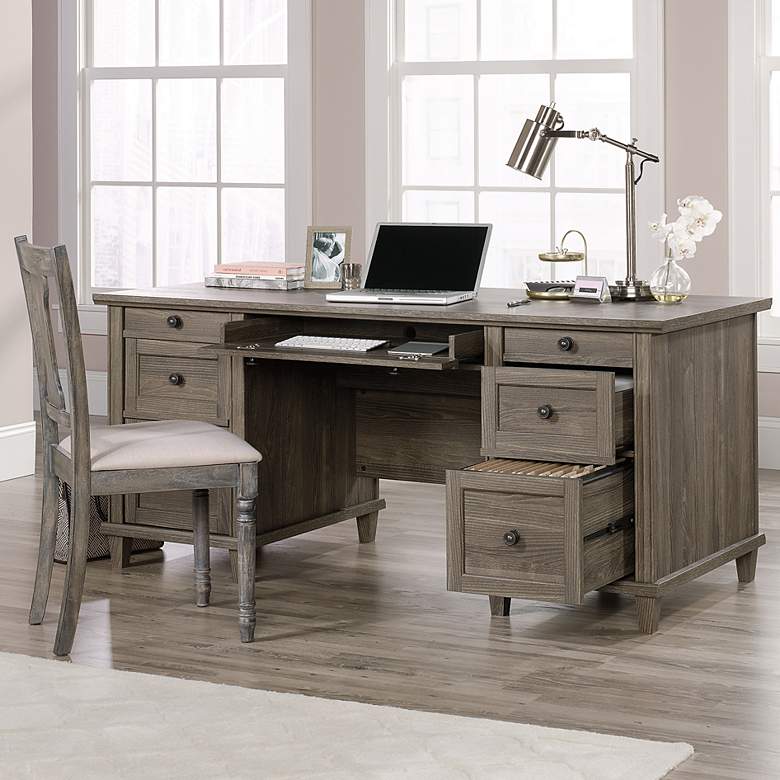 Image 1 Sauder Hammond 67 1/2"W Emery Oak 7-Drawer Executive Desk
