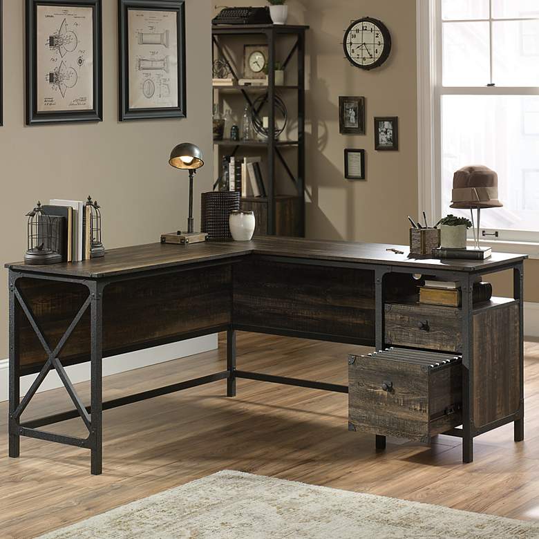Image 1 Sauder Steel River 60"W Carbon Oak 2-Drawer L-Shaped Desk