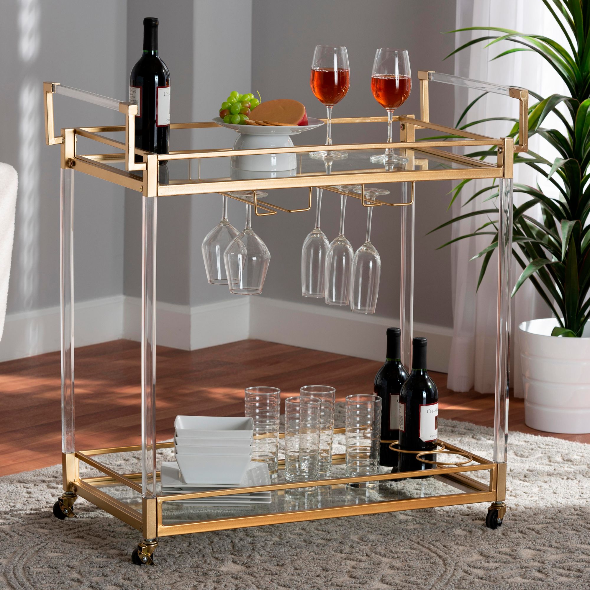 Bar cart with discount wine glass rack