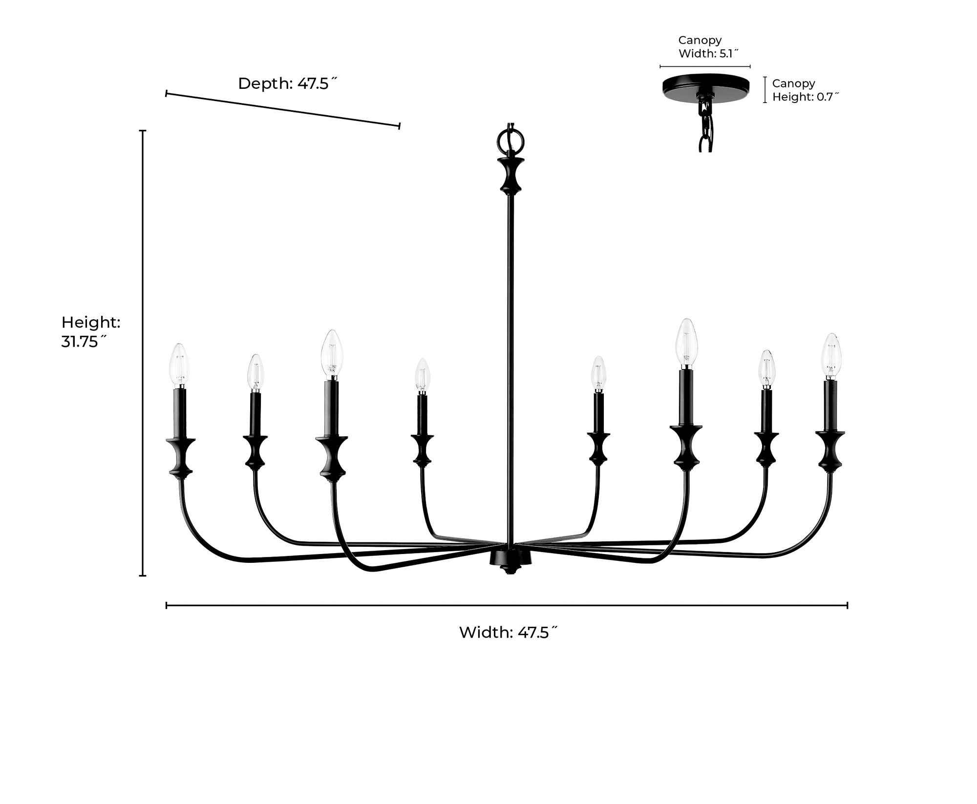 Savanne 47 1/2"W Matte Black 8-Light Candelabra Chandelier