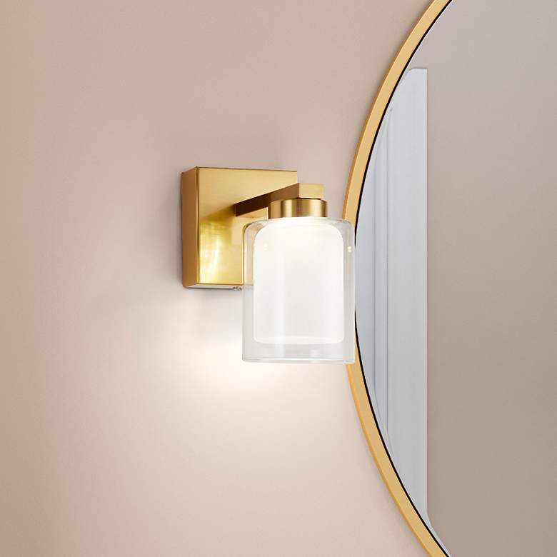 Image 1 Saville 7" Wide Brass Bathroom Sconce With Clear Glass Shade