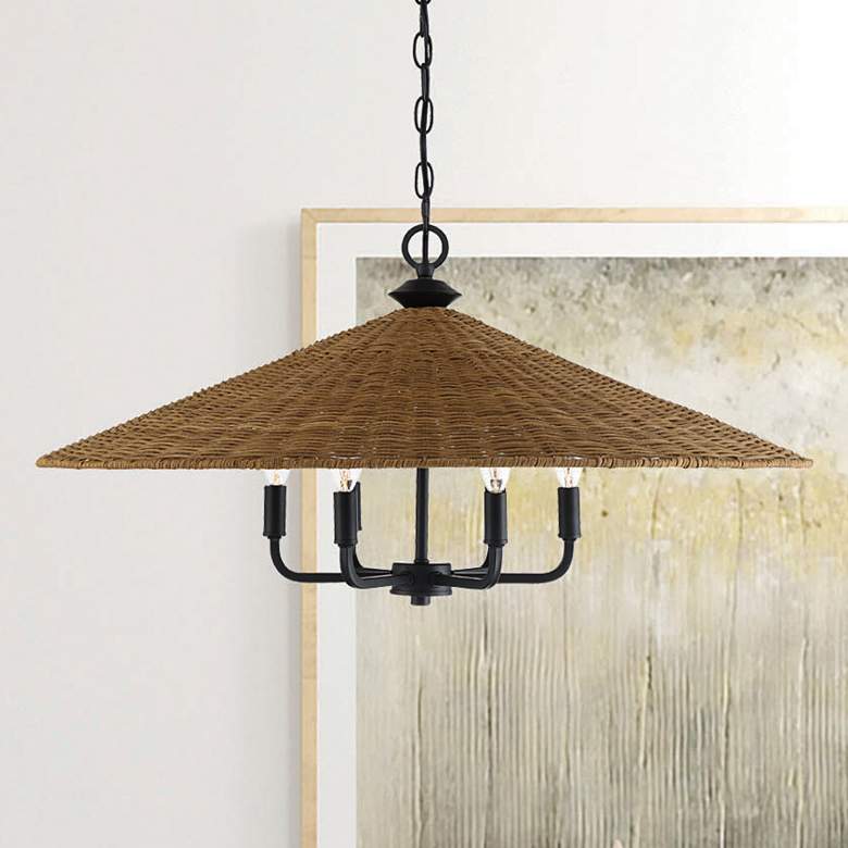 Image 2 Savoy House Eman 30" Wide 6-Light Matte Black Natural Rattan Pendant